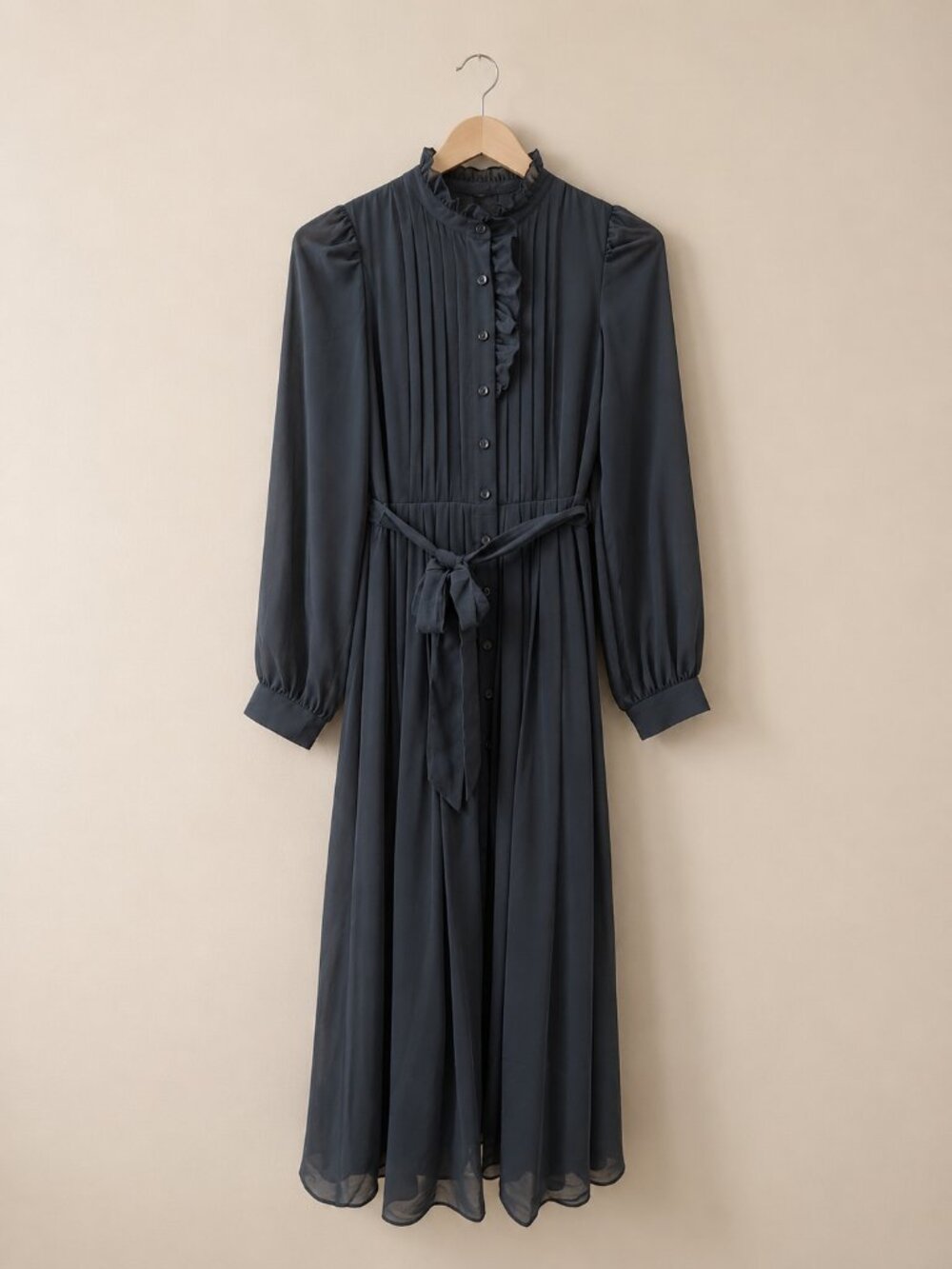 Aritzia Dark Blue Pleated Midi Dress with Tie Waist | XS